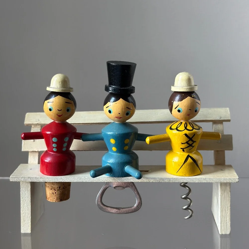 Vintage Wooden Bar Set, Cork, Cork Screw, Bottle Opener, Hand Painted, 1950’s